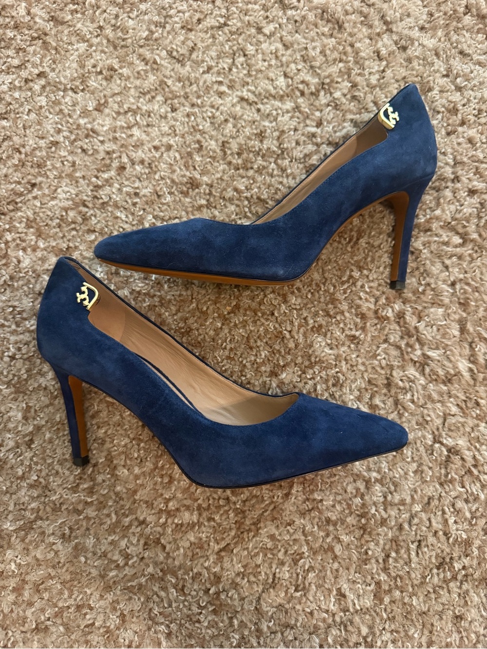 Tory Burch Blue Suede Heels Size 7 Gold Logo